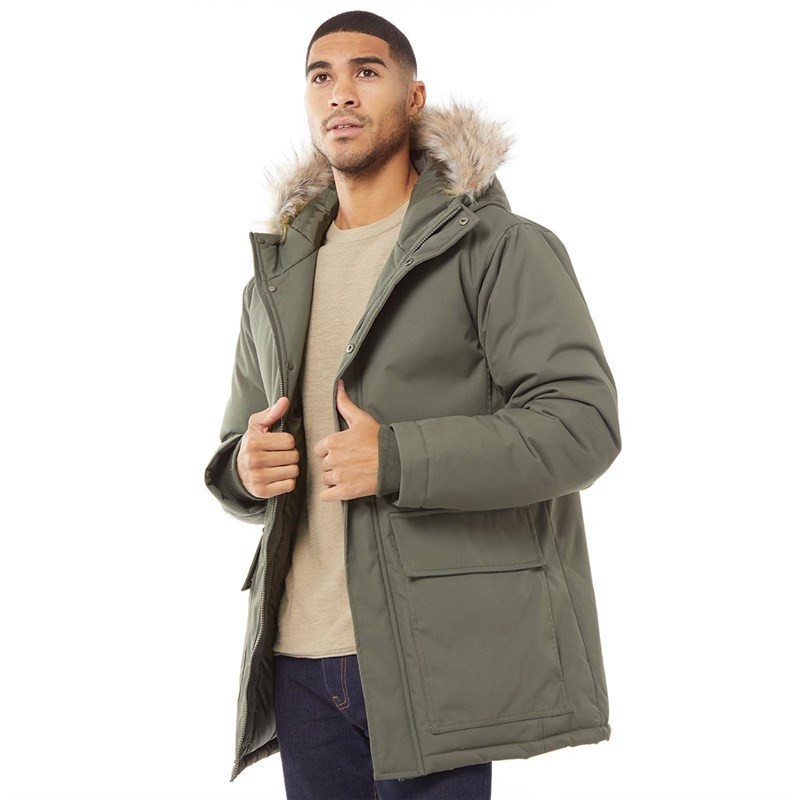 French Connection Mens Parka Fur Jacket Khaki