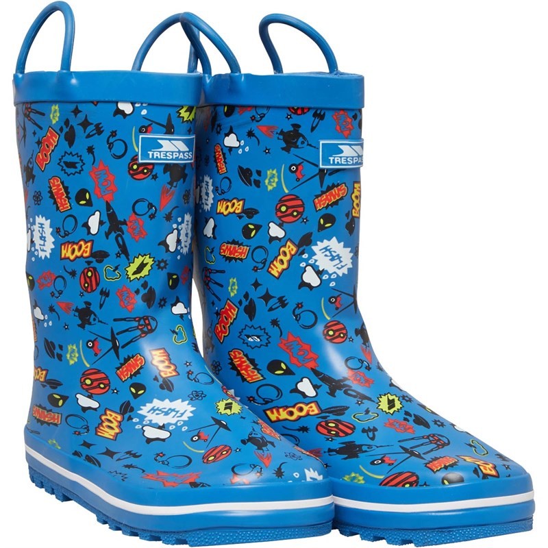 Trespass Boys Apolloton Cartoon Printed Wellington Boots Comic Blue
