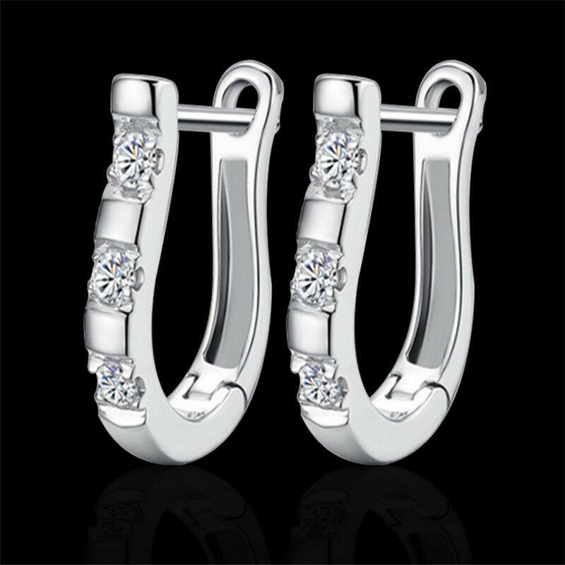 Charm CZ Crystal 925 Sterling Silver Jewelry White Gemstone Stud Hoop Earring